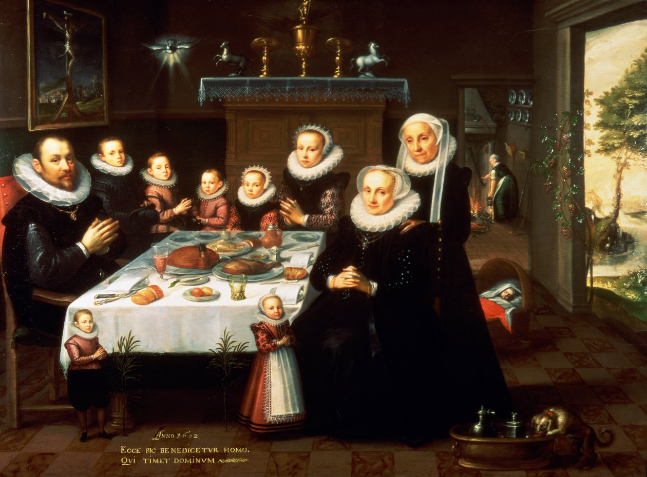 Ett porträtt av en familj som säger nåd före en måltid, 1602 av Gortzius Geldorp