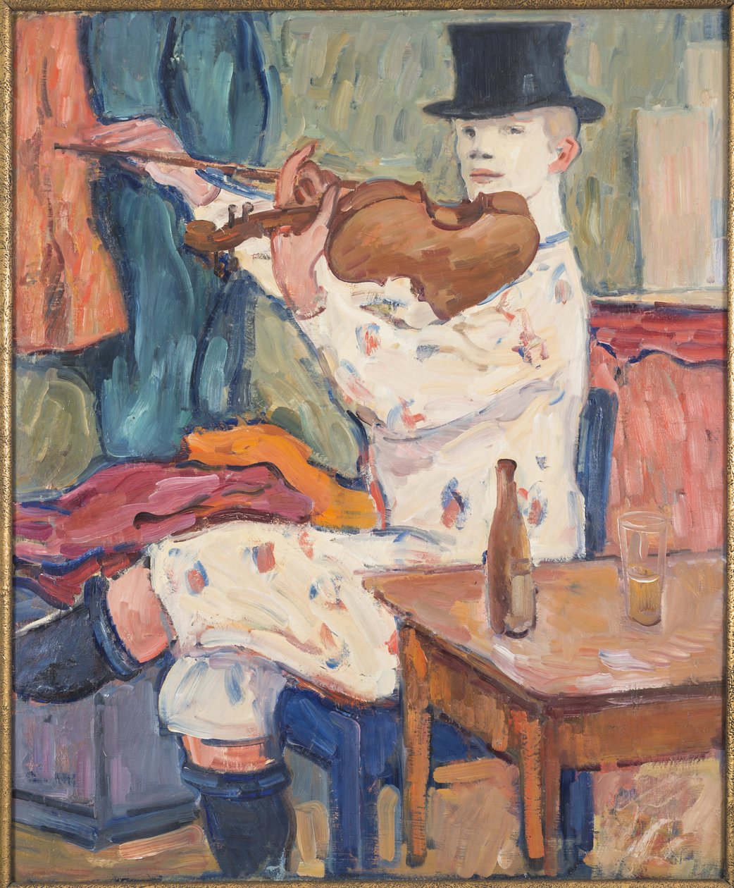 Un clown jouant du violon - A Clown Playing the Violin, av Hennigs, Gösta von (1866-1941). Olja på duk av Gosta von Hennigs