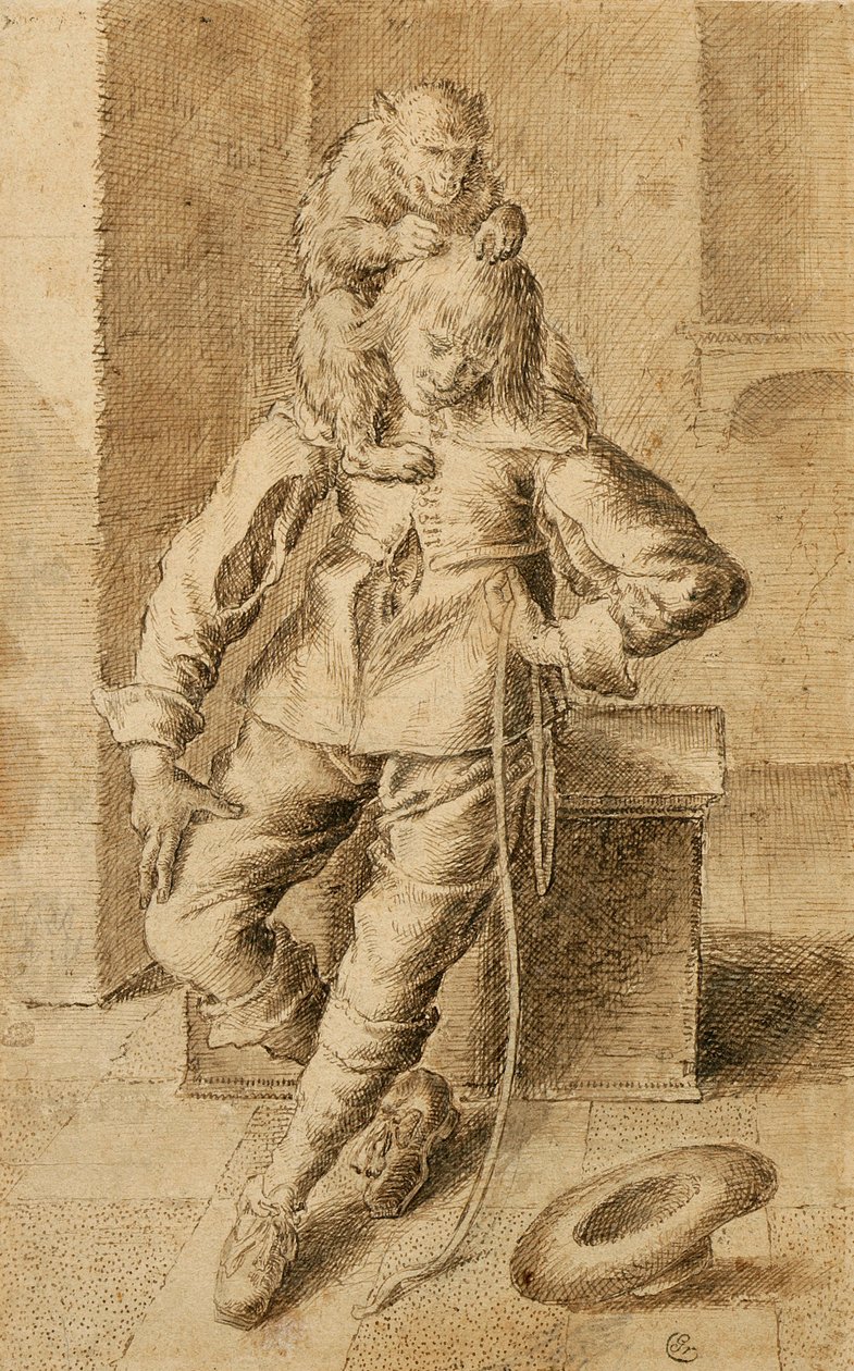 A Cavalier with a Monkey (brunt bläck & bistre på beige papper) av Gottfried Libalt