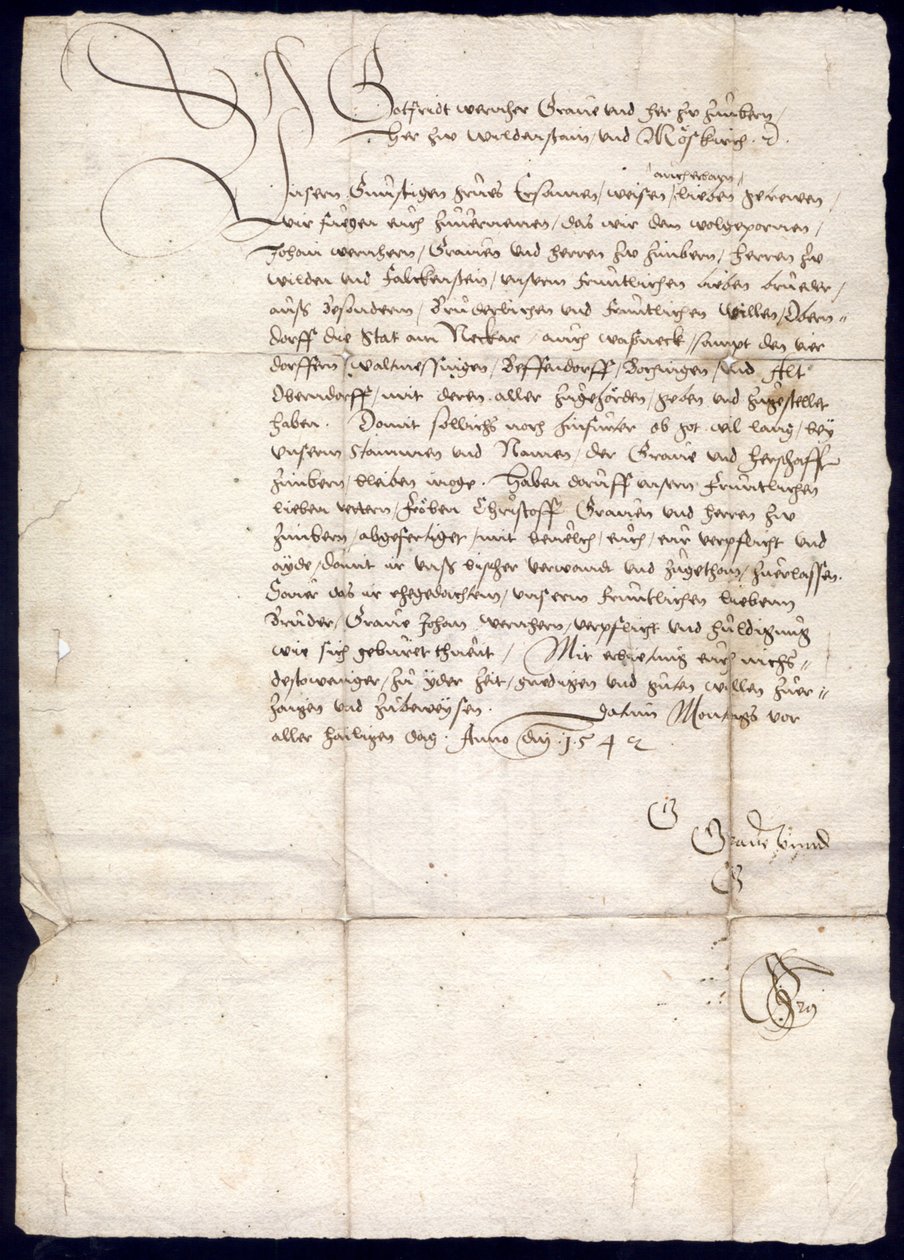 Schreiben des Grafen Gottfried Werner von Zimmern an Schultheiß, Bürgermeister, Rat und Gemeinde der Stadt Oberndorf und Schultheißen, Richter und Gemeinden der Dörfer Waldmössingen, Beffendorf, Bochingen und Altoberndorf, 30. Oktober 1542; Kreisarchiv Rot av Gottfried Werner von Zimmern