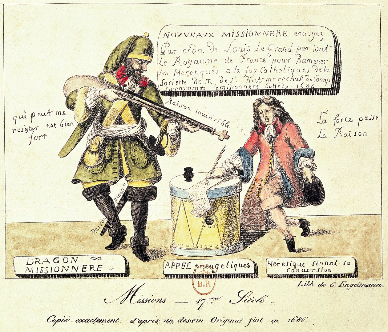 Missions of the 17th Century: Missionsdragonen tvingar en hugenott att underteckna sin omvändelse till katolicism, exakt kopia efter en originalritning från 1686 av Gottfried or Godefroy Engelmann