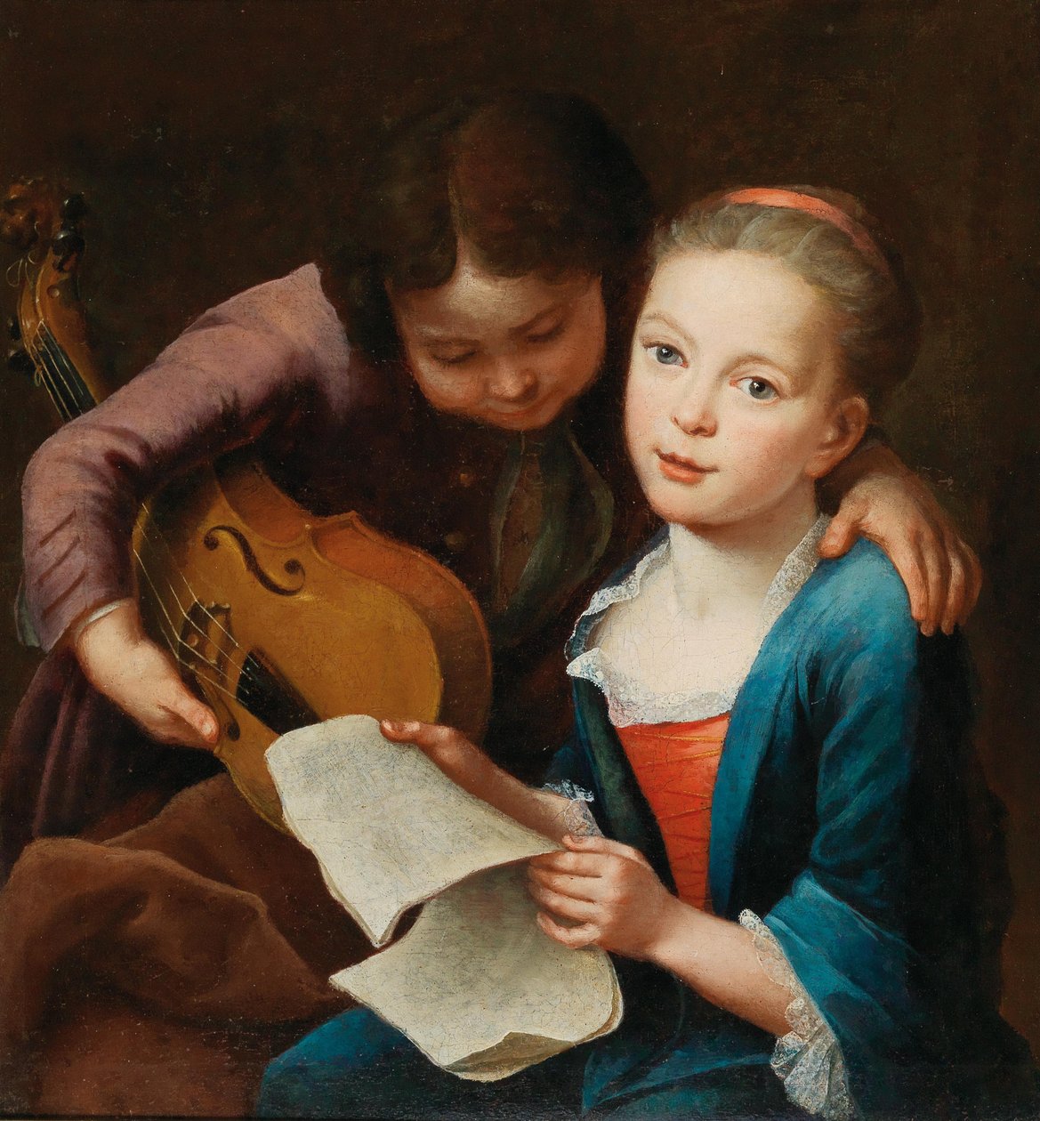 Ett par barn som spelar musik, 1746. av Gottfried Eichler the Elder