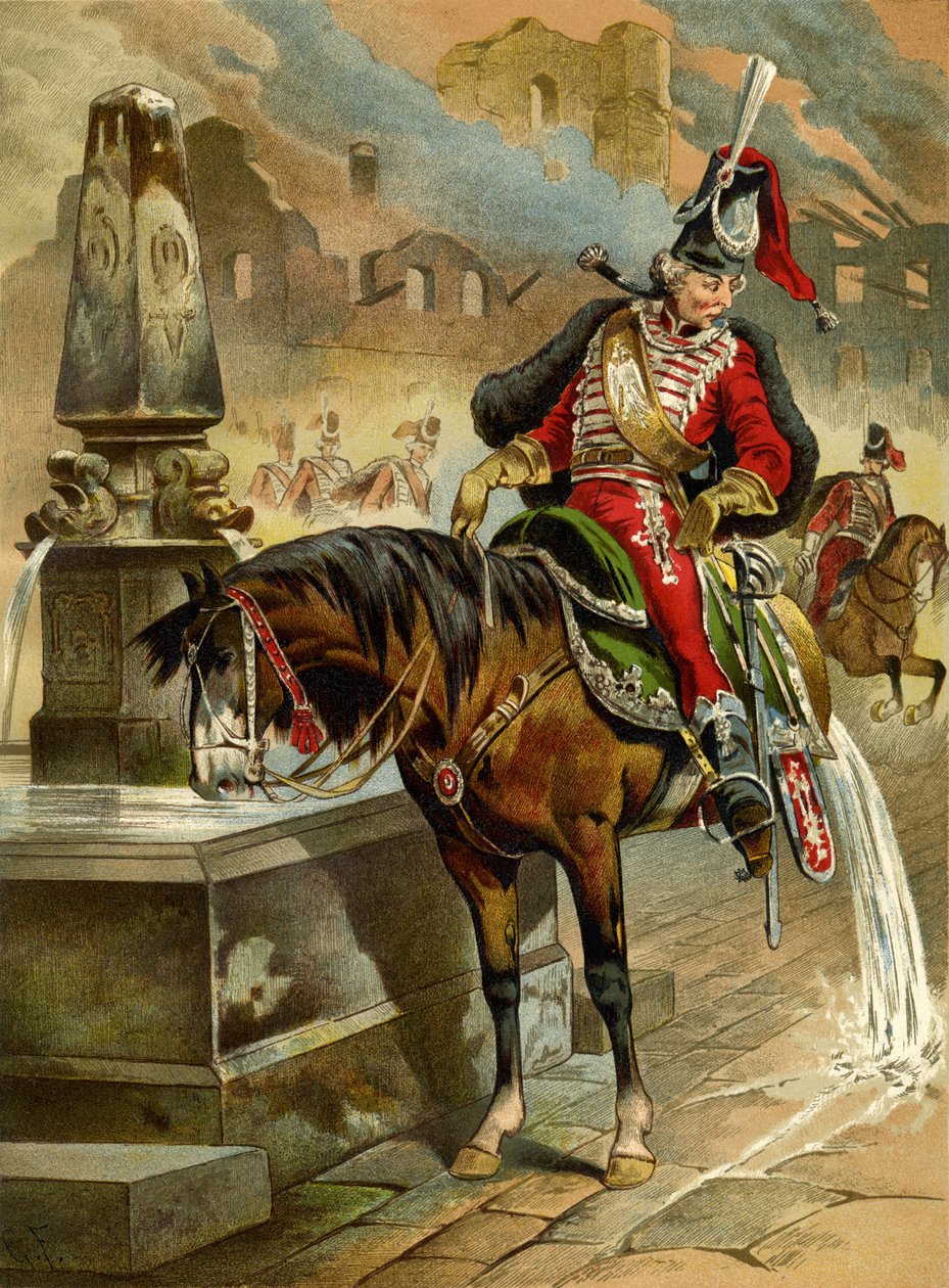 Illustration till boken Baron Münchhausens överraskande äventyr av Rudolph Erich Raspe, 1896 av Gottfried Franz