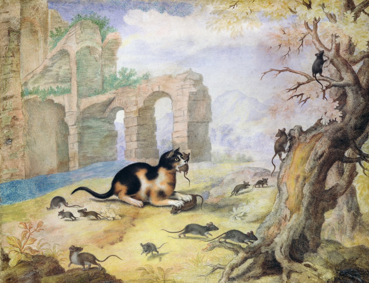 Katt som dödar möss i ett landskap (penna och bläck med tvätt på papper) av Gottfried Mind or Mindt