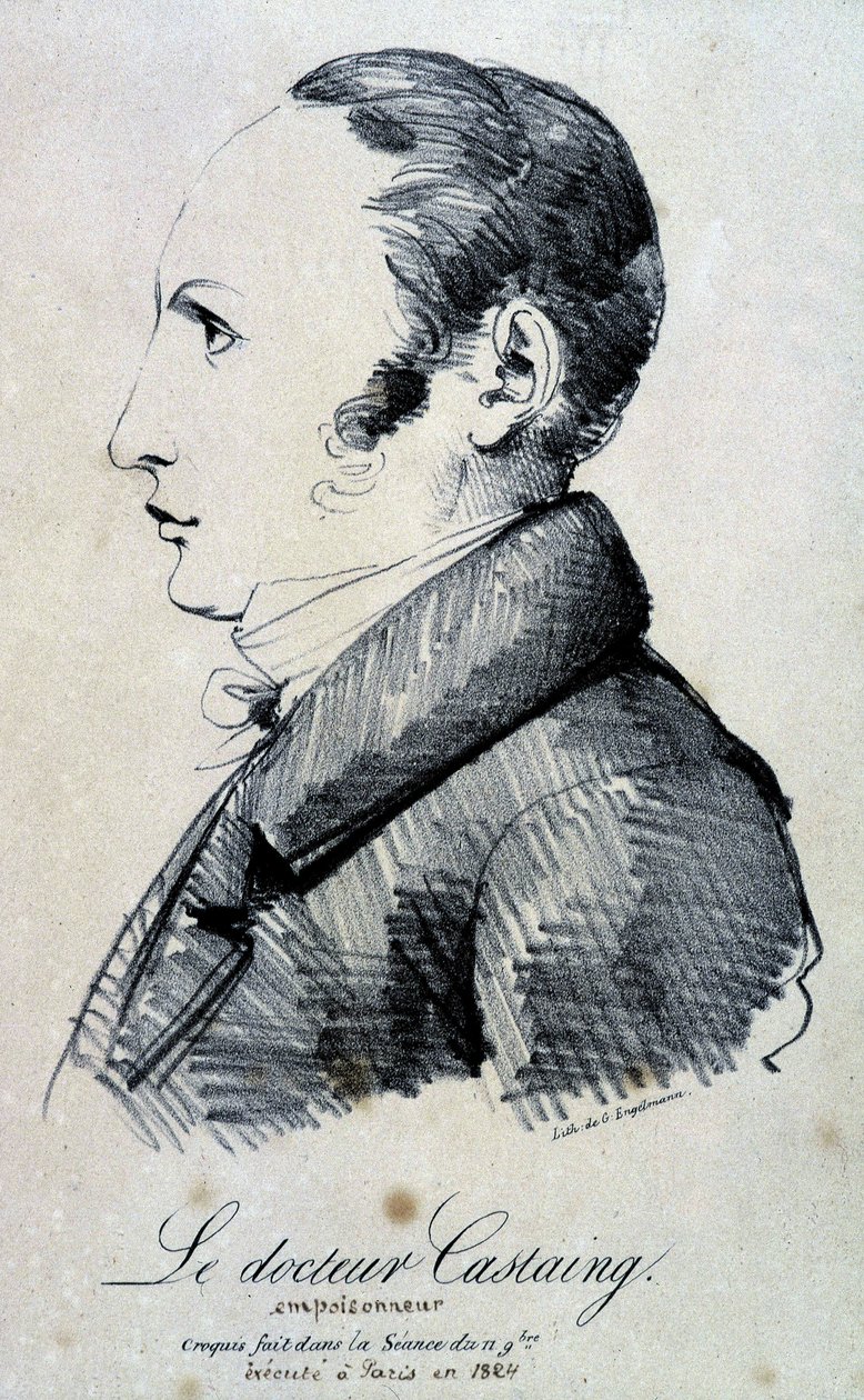 Porträtt av Dr. Castaing, gift. Han använde morfinsalt, hydroklorid för att döda sin vän Hippolyte Ballet 1823. Den avrättades i Paris 1824. Litografi av Engelmann från en skiss gjord under sessionen den 11 november. av Gottfried or Godefroy Engelmann
