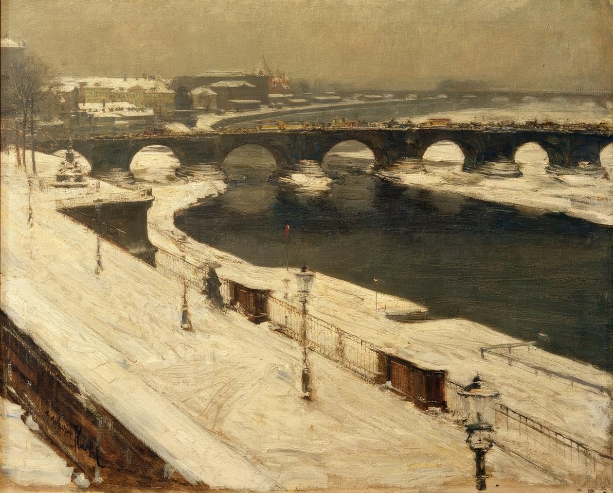 Elbe och Augustus Bridge på vintern av Gotthardt Johann Kuehl