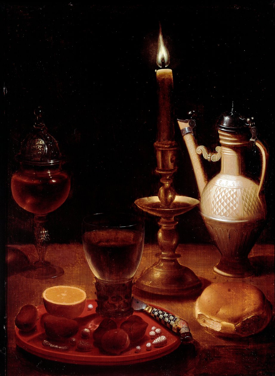 Stilleben med ljus, ett glas vin och apelsinmålning av Gotthardt av Wedig (Gottfried Von Wedig) (1583-1641) Paris, Louvren av Gotthardt von Wedig