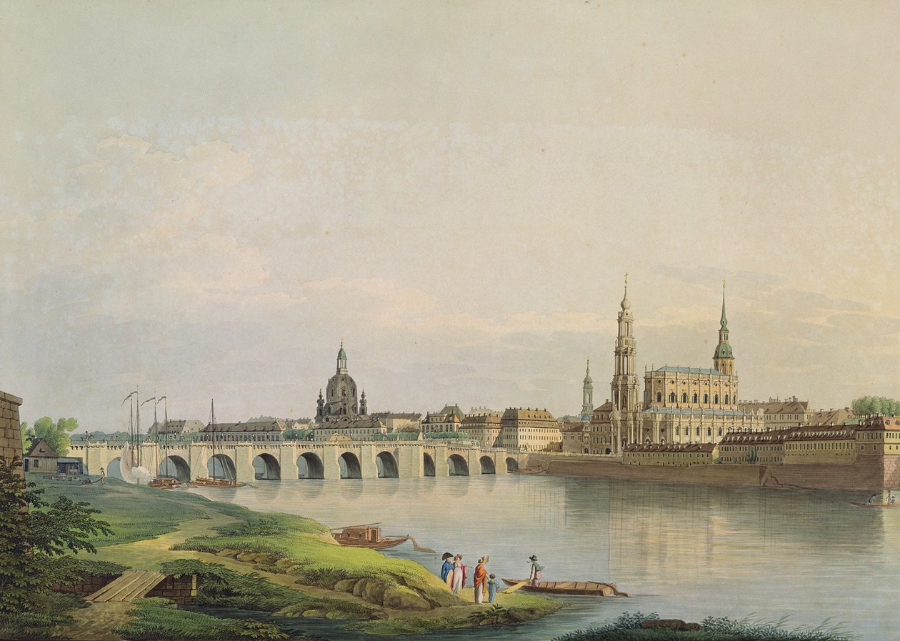 Vy över Dresden från den västra delen av den nya staden (med Frauenkirche, den protestantiska kyrkan, Augustusbron och katedralen), graverad av Christian Gottlob Hammer (1779-1864) (färggravyr) av Gottlob Thormeyer or Thormeier