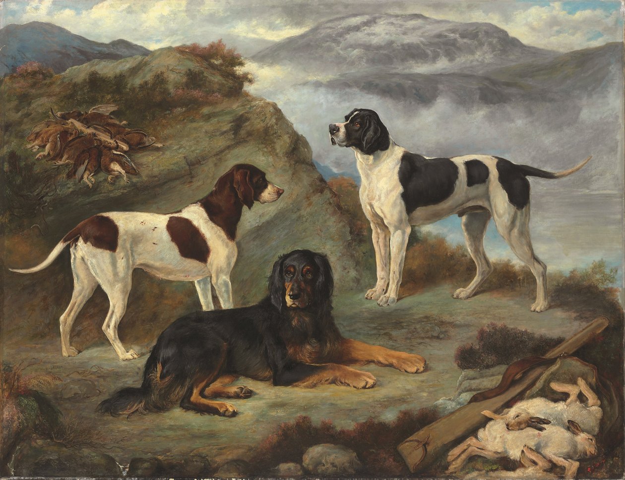 Sherry, Ranger och Glen, tre revolverhundar i ett landskap (olja på duk) av Gourlay Steell