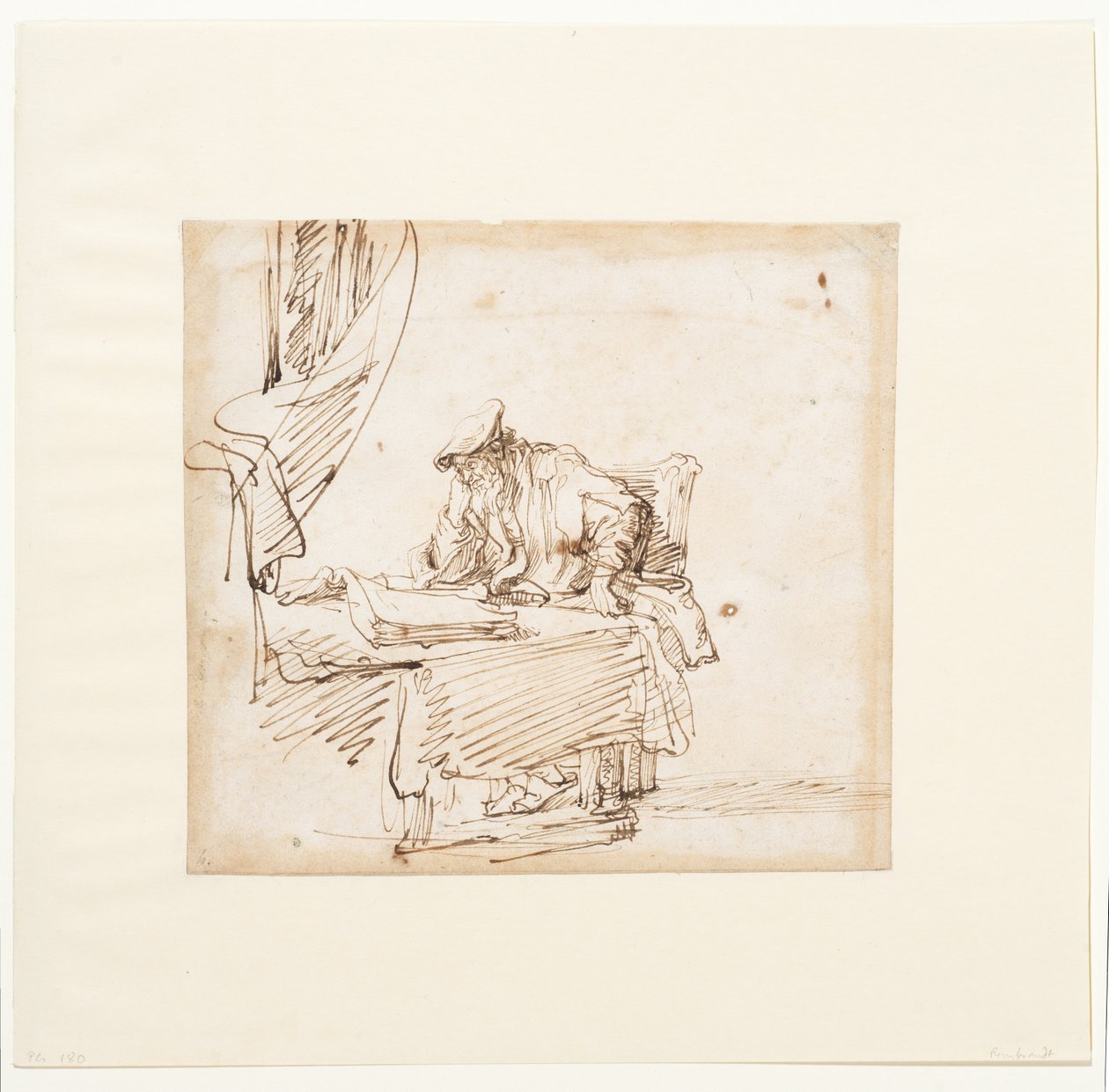 Forskare som sitter vid ett bord på vilket det vilar en stor bok av Govaert (attr. to) Flinck
