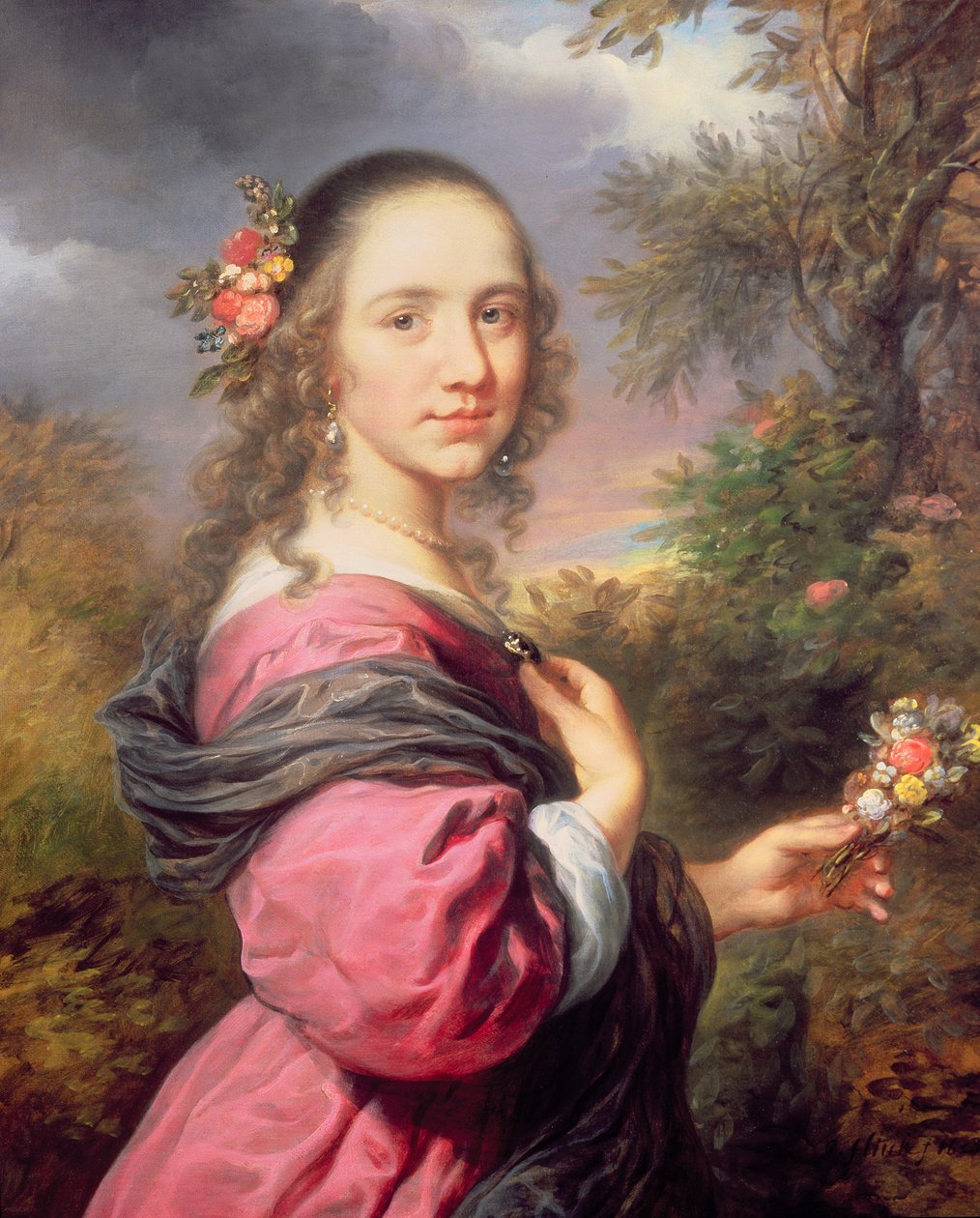 Ett porträtt av en dam, klädd i en lila klänning av Govaert Flinck