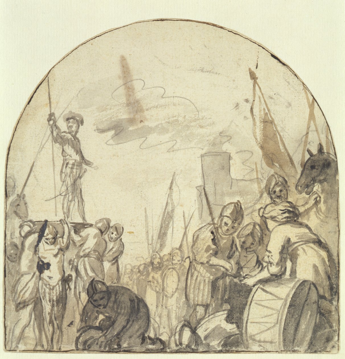 Brinio höjs på sin sköld av sina krigare (penna och pensel och bläck över penna på papper) av Govaert Flinck