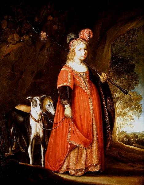 Porträtt av en ung flicka som Diana, i en glänta med två vinthundar av Govaert Flinck