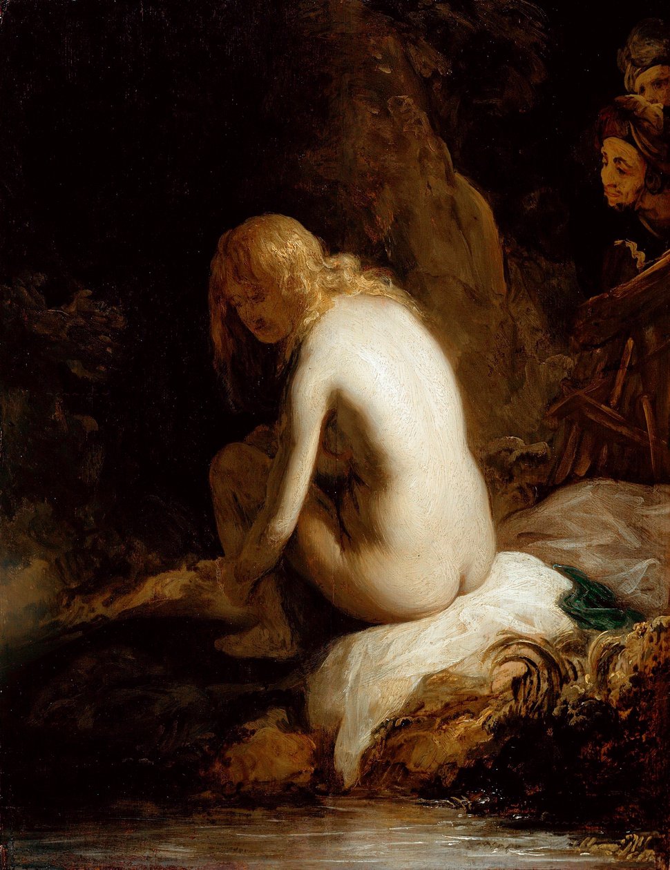 "Susanna and the Elders" (Susanna and the Elders) Målning av Govaert (Govert) Flinck (1615-1660) Olja på trä Dim 49,6x37,8 cm Staatliche Museen, Berlin av Govaert Flinck