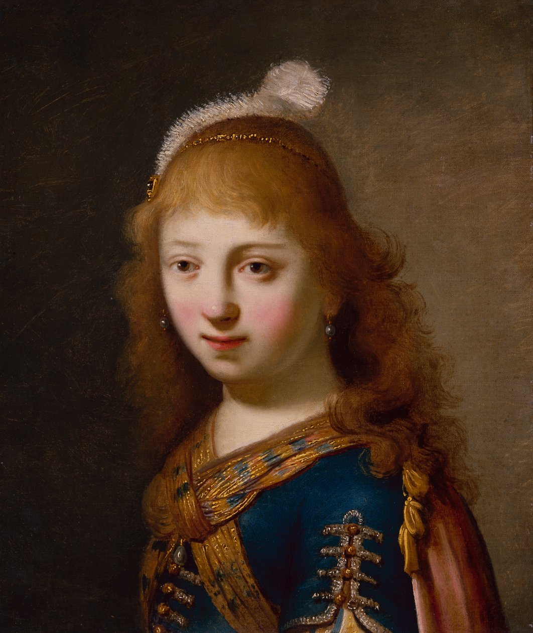 Ung flicka med en blå klänning och röd cape (olja på duk) av Govaert Flinck