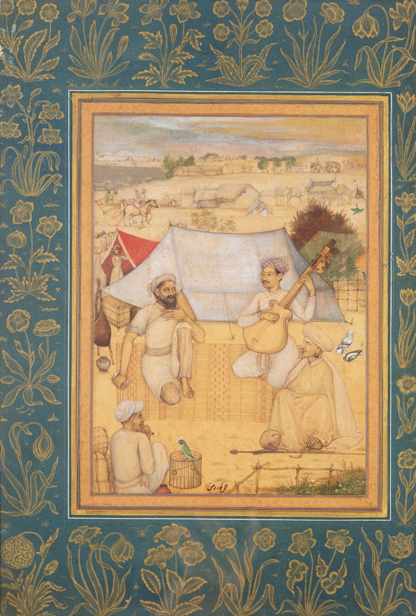 Musiker och sångare knäböjer i utkanten av ett Mughal Camp. En yogi och en tjänare Lyssna på dem, från Minto-albumet, ca 1630 av Govardhan