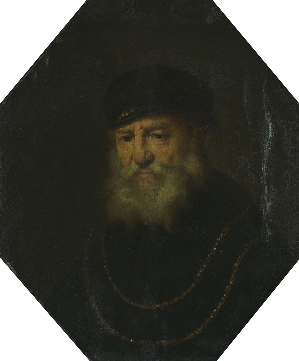 Byst av en gammal man med två guldkedjor av Govert Flinck