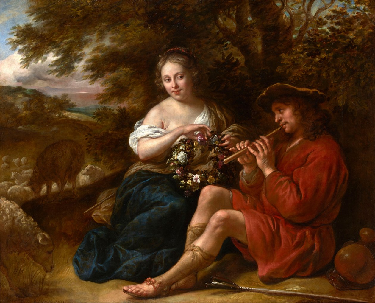 Holländska: Herdinna lyssnar på en herde som spelar flöjt i ett arkadiskt landskap Elegant herdinna lyssnar på en herde som spelar blockflöjt i ett arkadiskt landskap av Govert Flinck