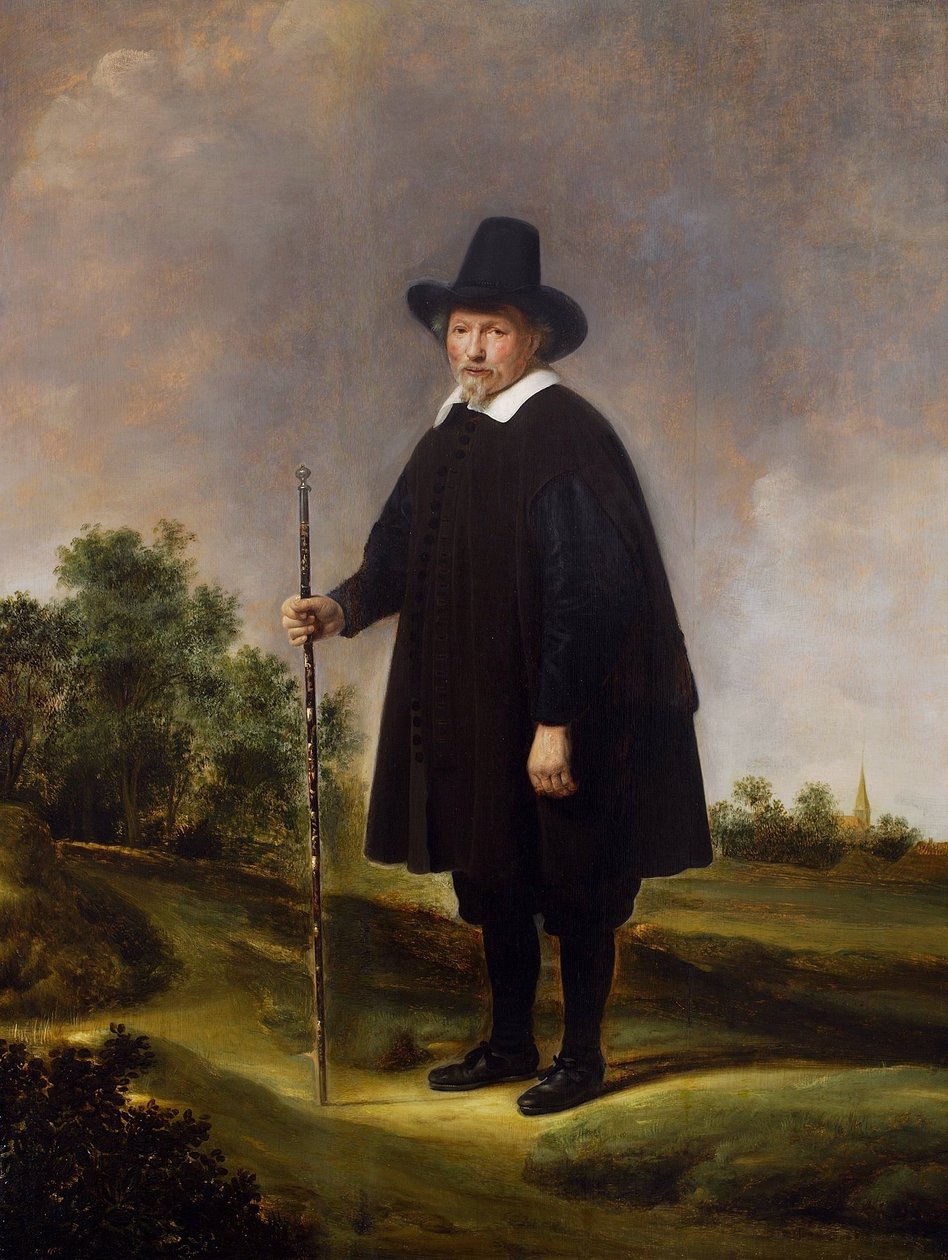 Porträtt av en man mot ett landskap av Govert Flinck
