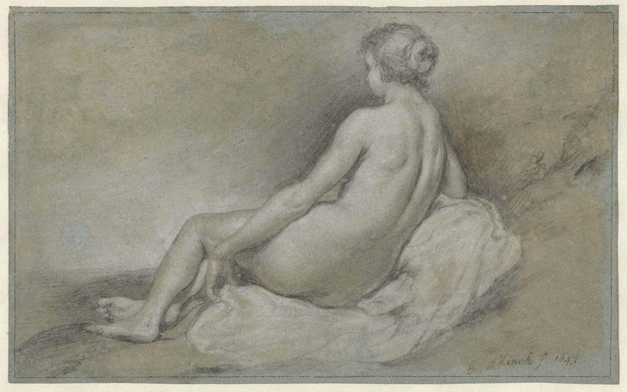 Sittande kvinnlig naken, sedd bakifrån av Govert Flinck