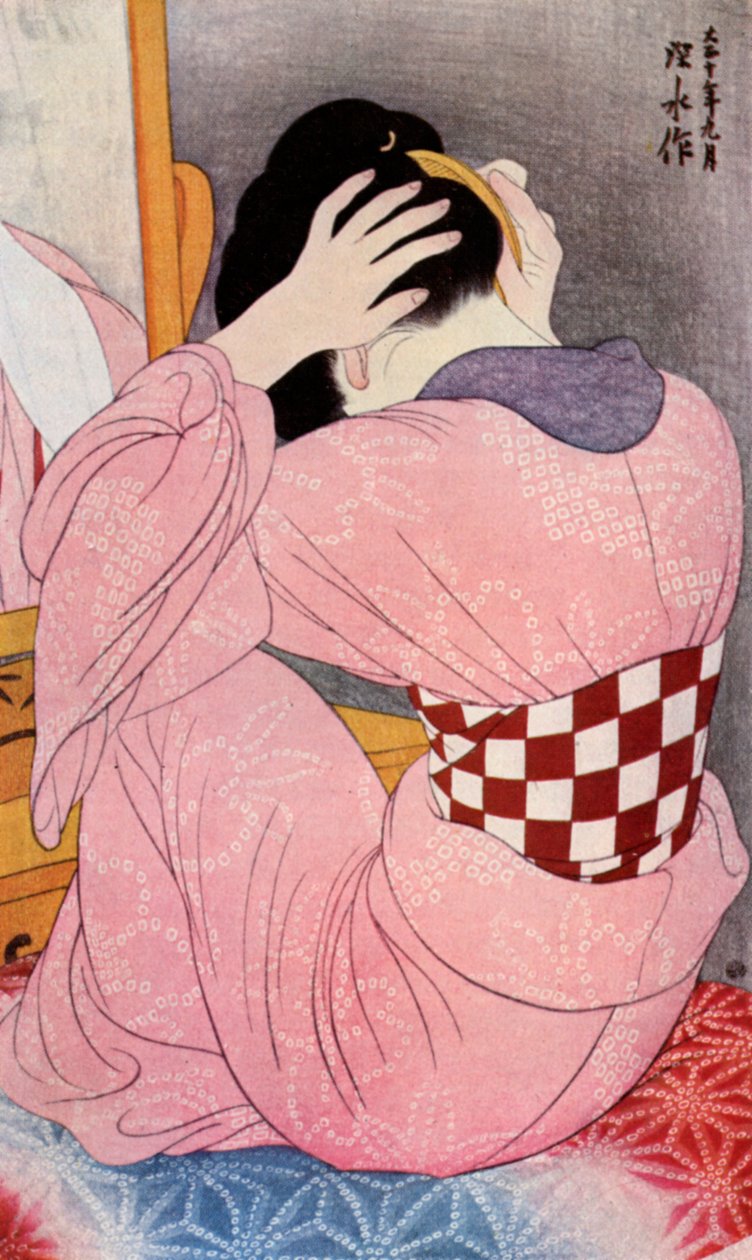 En japansk kvinna som klär sitt hår, 1920-talet 1930. av Goyo Hashiguchi