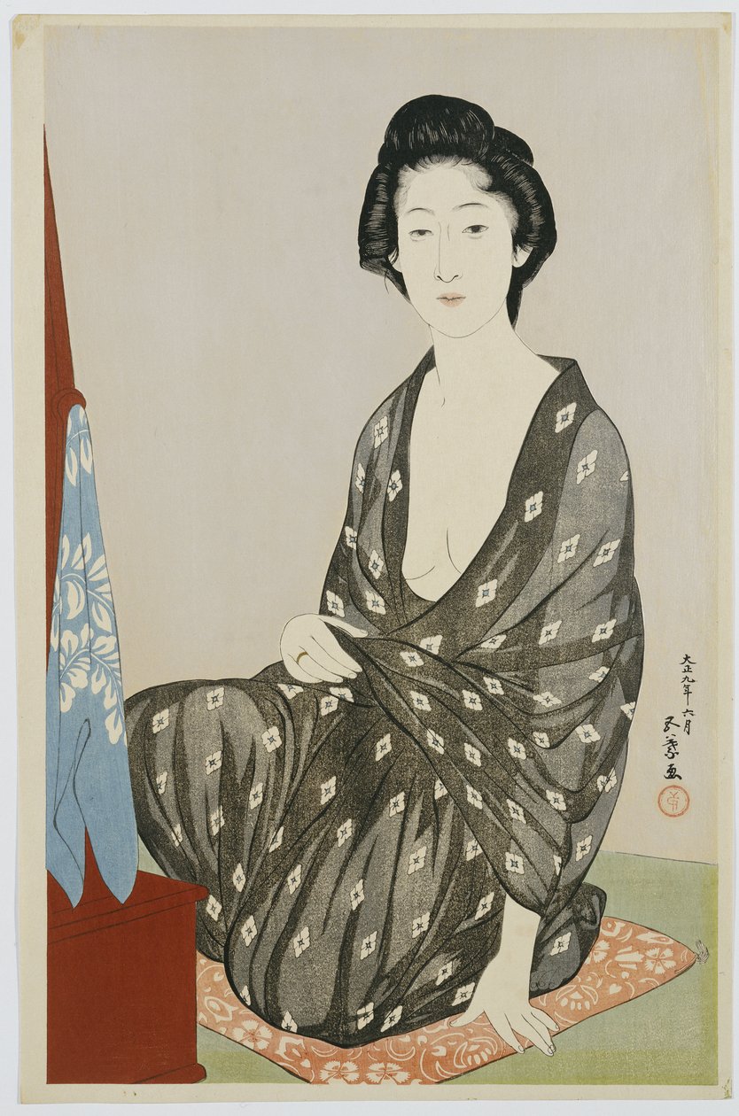 En skönhet i en svart kimono med vita hanabishi-mönster, sittande framför en spegel, 1920 av Goyo Hashiguchi