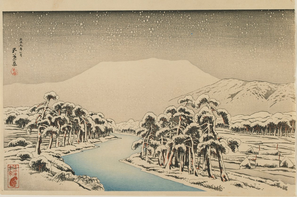 Mount Ibuki i Snow, Taisho-eran, januari 1920 (träblock i färg) av Goyo Hashiguchi