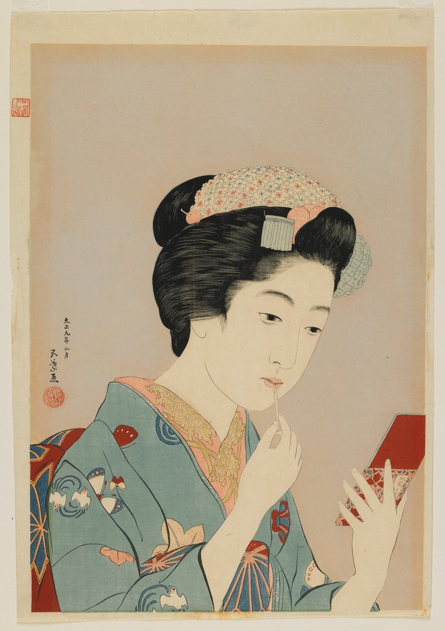 Woman Applying Lip Rouge, Taisho-eran, februari 1920 (trätryck i färg) av Goyo Hashiguchi