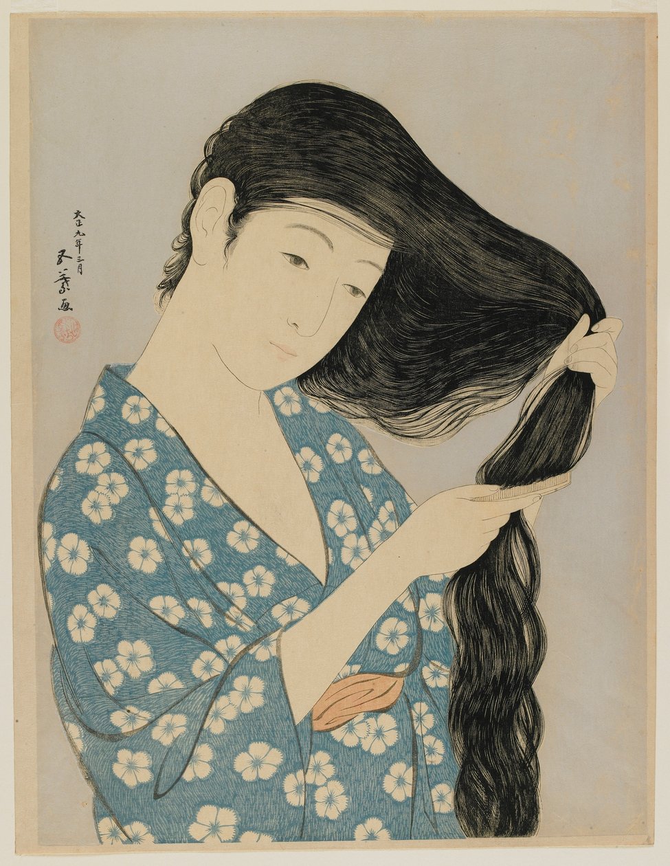 Kvinna som kammar sitt hår, Taisho-eran, mars 1920 (färgsnitt) av Goyo Hashiguchi