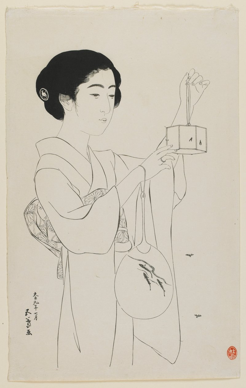Kvinna som håller en eldflugabur, Taisho-eran, juli 1920 (träblockstryck) av Goyo Hashiguchi