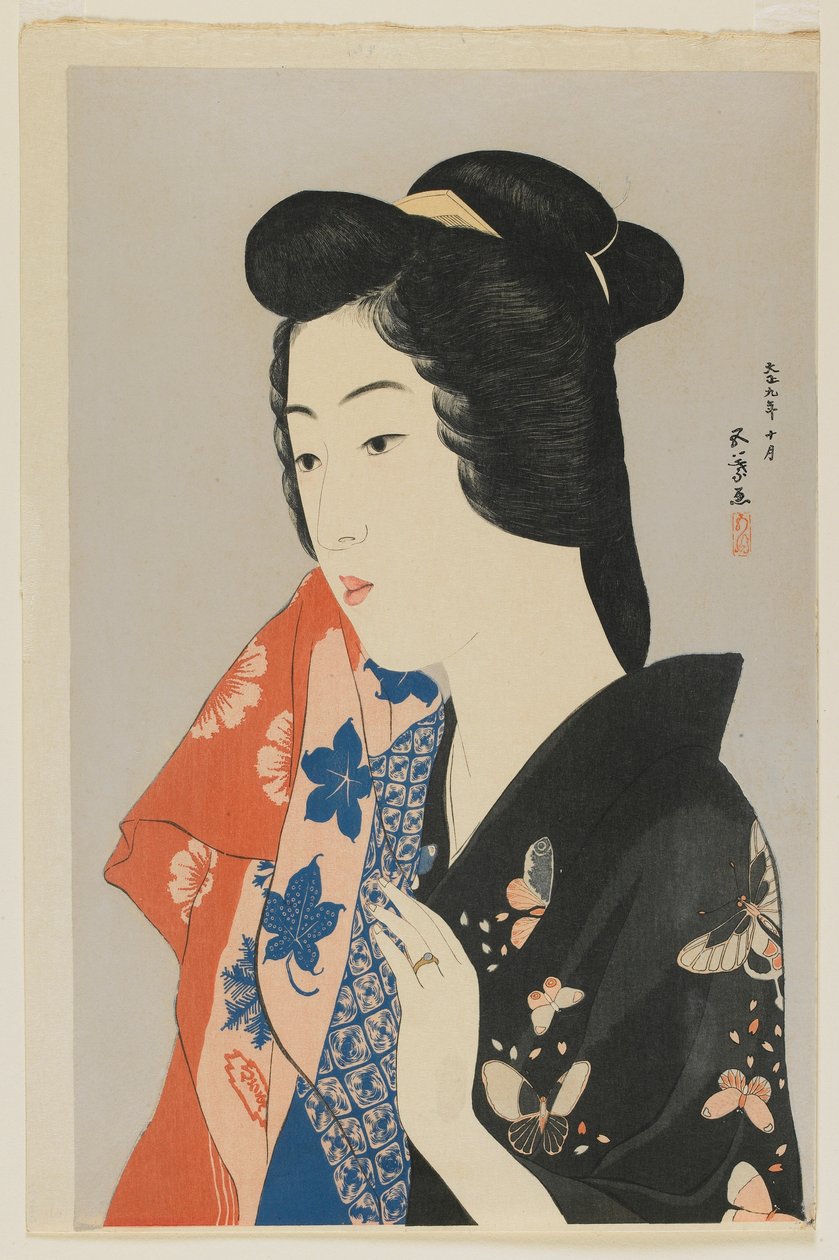 Kvinna som håller en handduk, Taisho-eran, oktober 1920 (trätryck i färg) av Goyo Hashiguchi