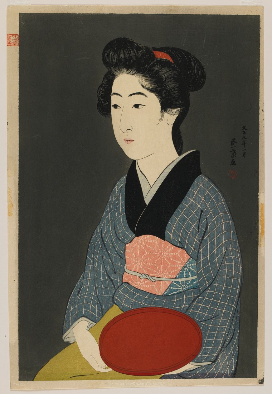 Kvinna som håller en bricka, Taisho-eran, januari 1920 (trätryck i färg) av Goyo Hashiguchi