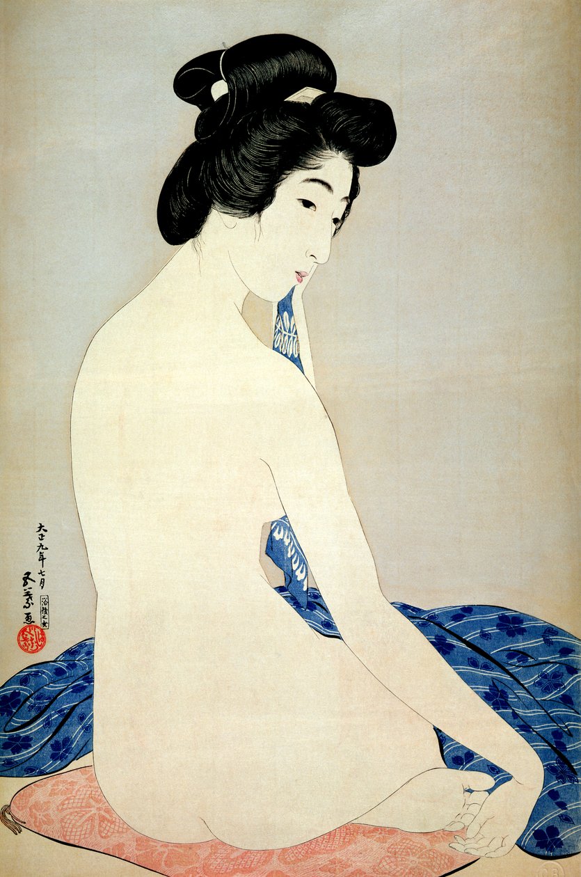 Kvinna efter badet, publicerad av Shosaburo Watanabe, 1920, (träblock i färg) av Goyo Hashiguchi