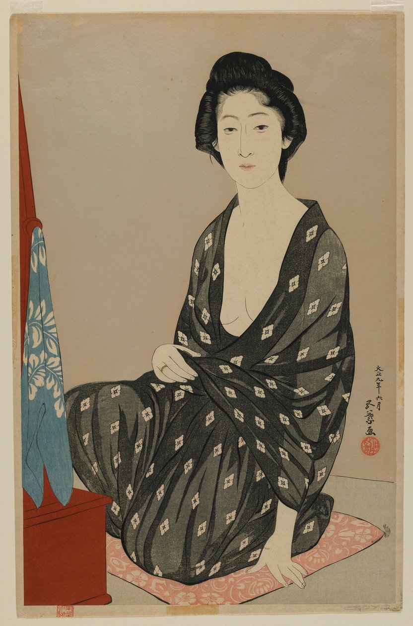 Kvinna i sommarklänning, Taisho-eran, juni 1920 (trätryck i färg) av Goyo Hashiguchi