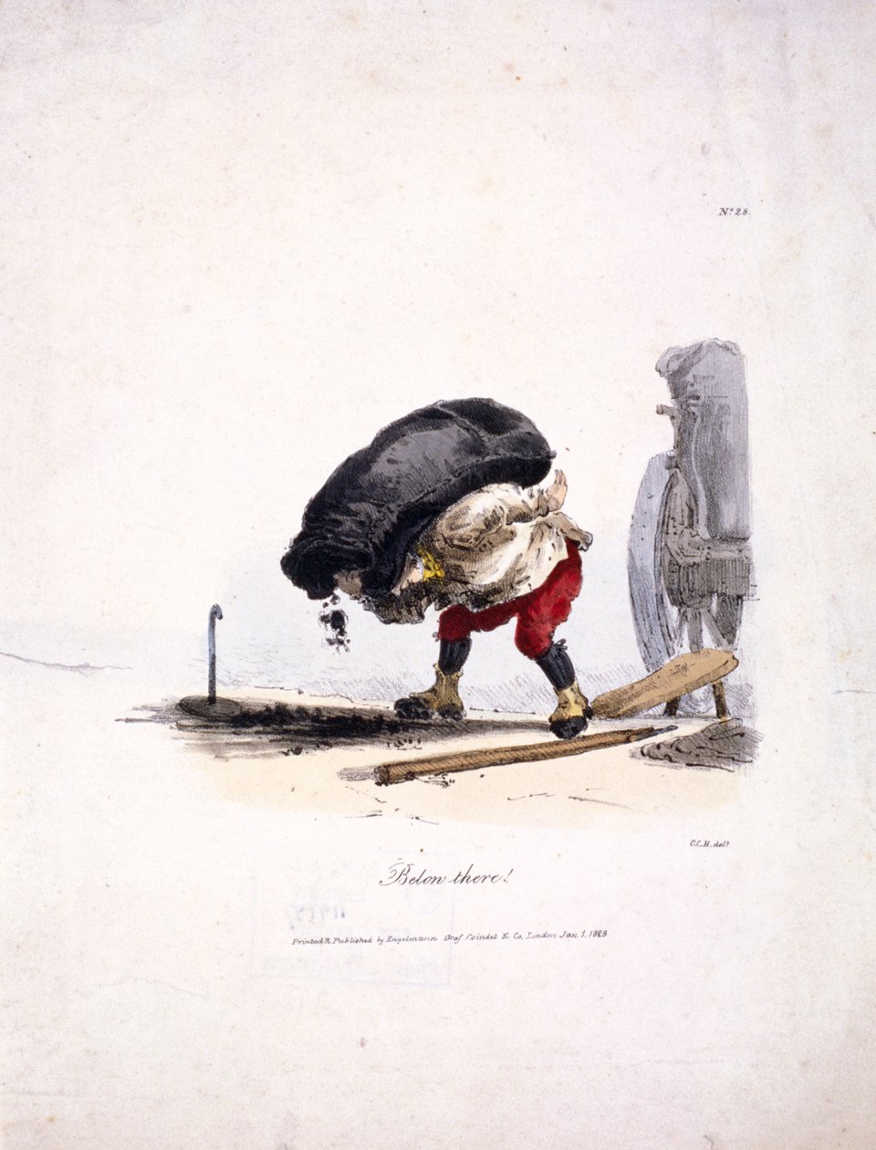 Vy av en kolman som tar bort en tung säck kol från sin vagn, 1828 av Graf Engelmann Coindet and Company