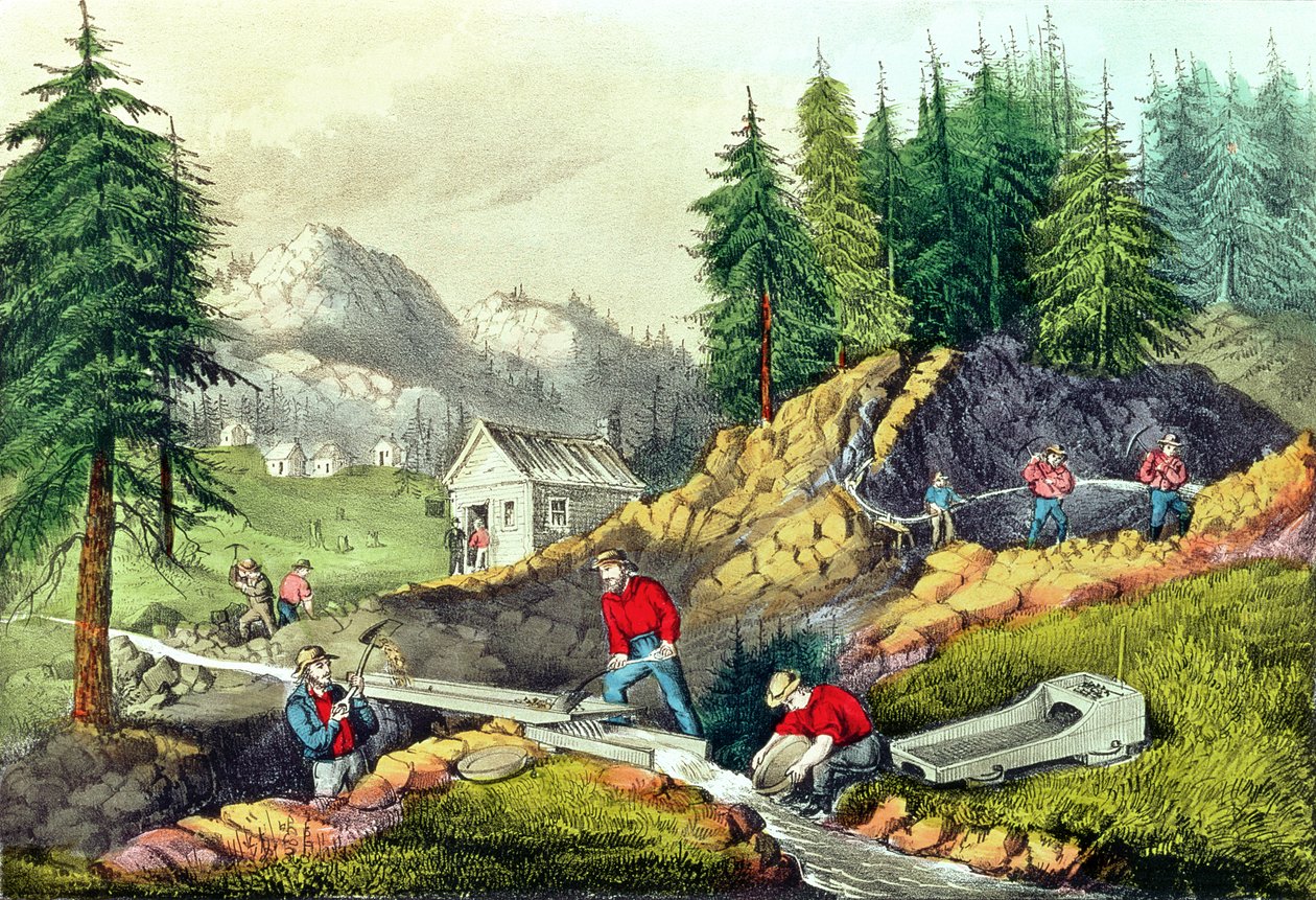 Auro Mining i Kalefonia, lomia e Currier und Ives, 1861 (tagai foi 166069 und 32910)swed av Grafton Tyler Brown