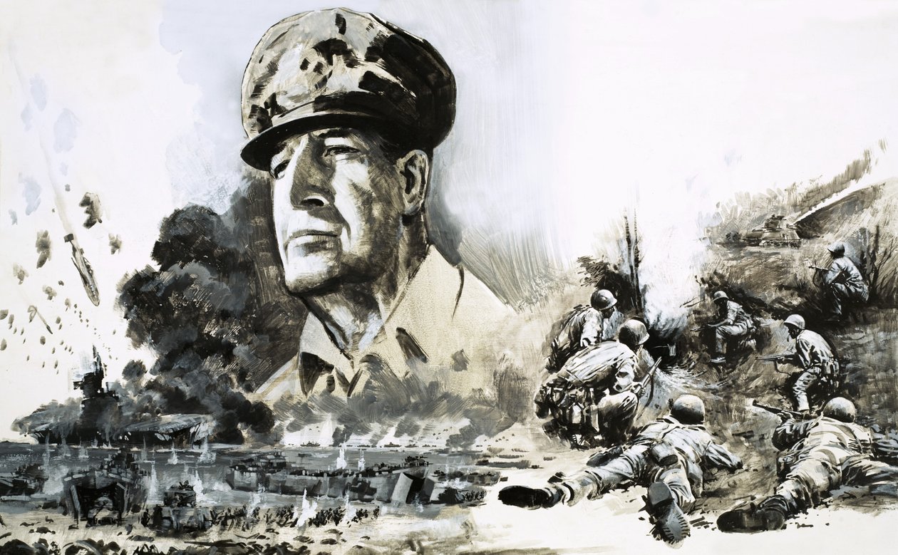 Douglas MacArthur med scener från landstigningen på D-dagen av Graham Coton