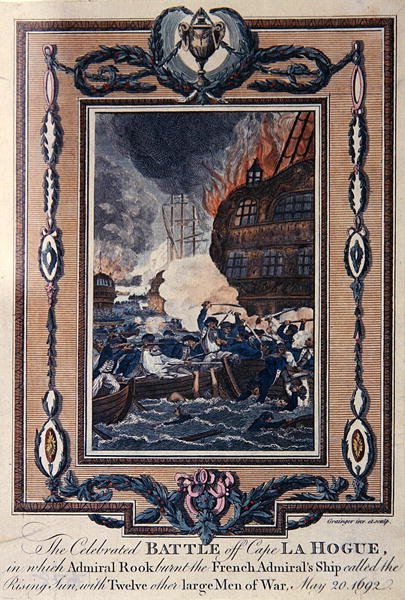 Det berömda slaget vid Cape La Hogue, 20 maj 1692 (färgad etsning) av Grainger