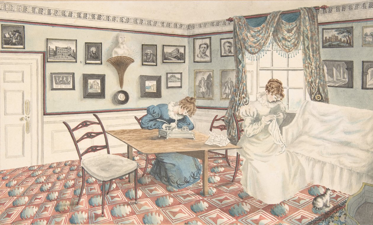 Två unga kvinnor som skriver och syr i en interiör i Hatton, Warwickshire, 1820-30. av Granddaughters of Dr. Samuel Parr.