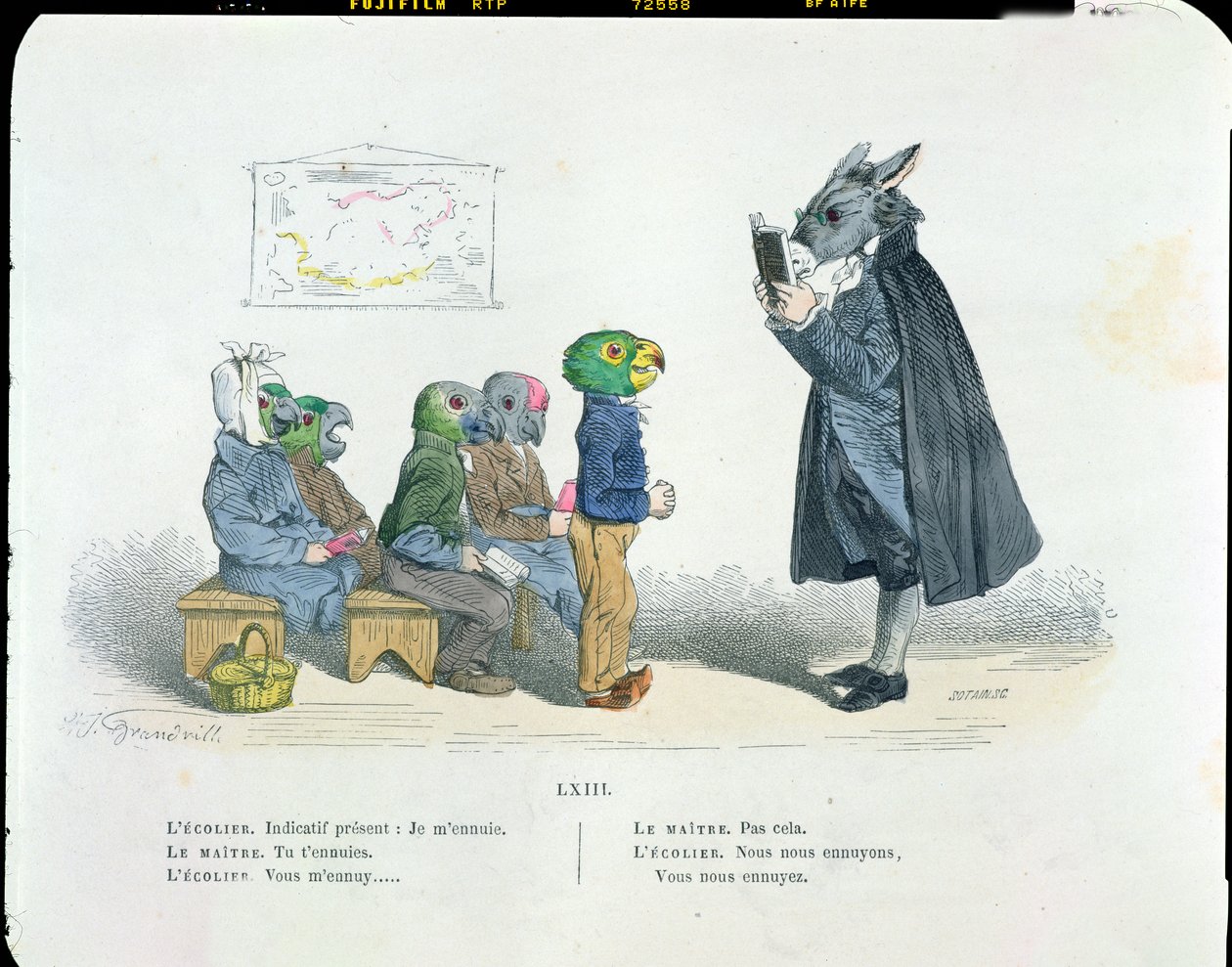 "Konjugera presens indikativ - jag är uttråkad...", karikatyr från serien "Les Metamorphoses du Jour", omtryckt 1854 av Grandville
