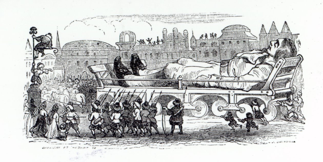 Gulliver transporteras till Lilliputians huvudstad, en illustration från "Gullivers resor" av Jonathan Swift, 1838 av Grandville