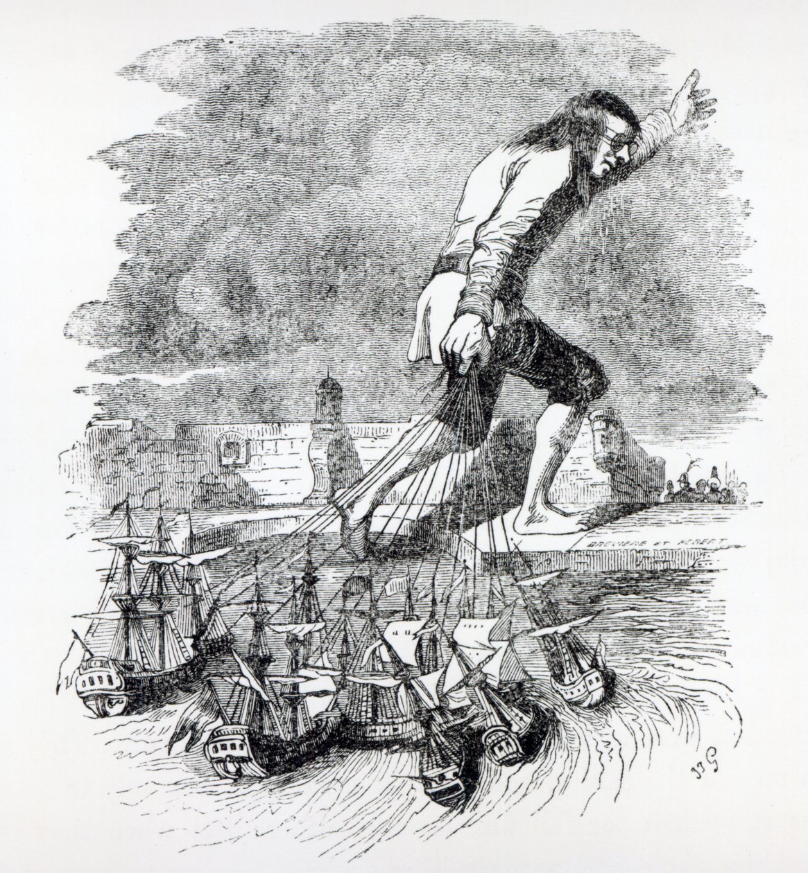 Gulliver stjäl den blefuscudiska flottan, illustration från "Gullivers Travels" av Jonathan Swift, 1838 av Grandville