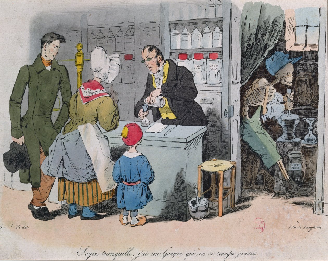 Apotekaren och hans assistent, graverad av Langlume, c.1840 av Grandville