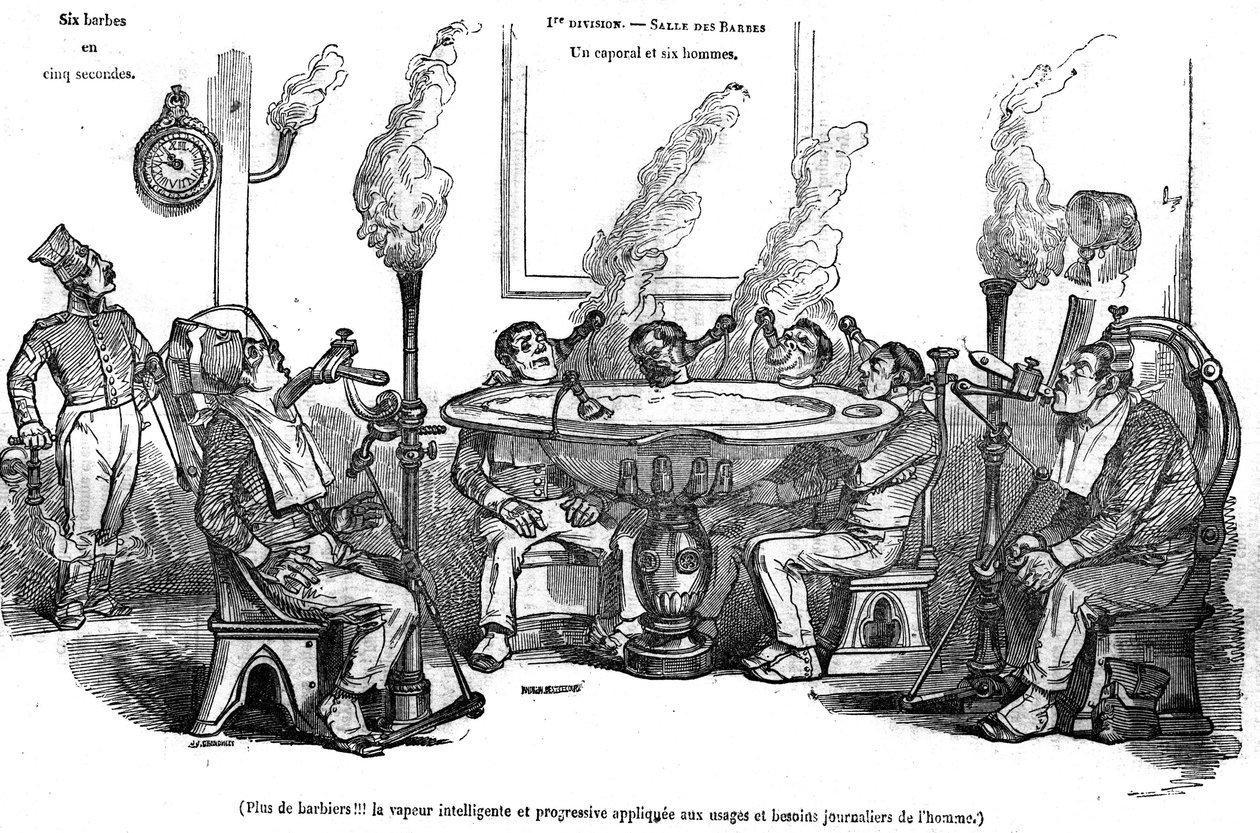 Tecknad film av Grandville föreställande en korpral och hans män i Salle des Barbes som sitter med en ångmaskin och rakar dem utan hjälp av en frisör. I "" Den pittoreska butiken"" 1835 av Grandville