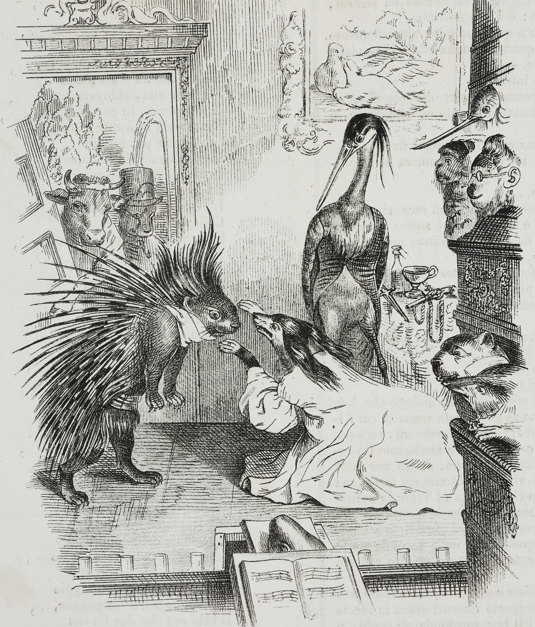 Hund och piggsvin, karikatyr av Jean-Jacques Grandville (1803-1847), litografi av Giovanni Mariani från Poliorama Pittoresco, n 38, 30 april av Grandville