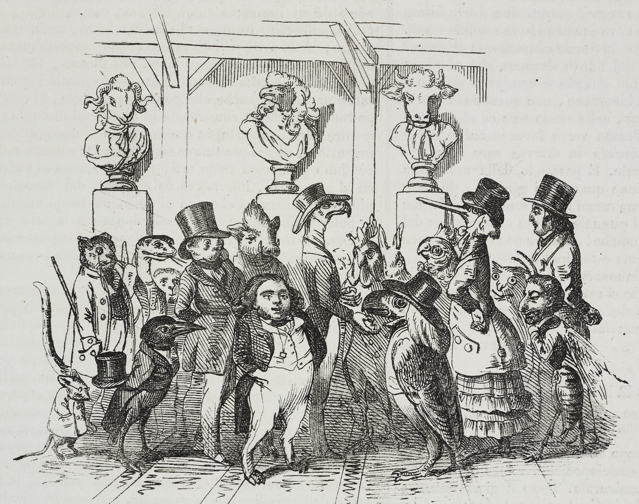 Utgång från teatern, karikatyr av Jean-Jacques Grandville (1803-1847), litografi av Giovanni Mariani från Poliorama Pittoresco, nr 39, 7 maj av Grandville