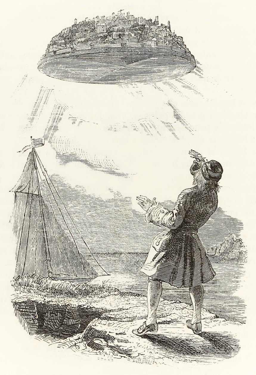 Gulliver ser den flygande ön Laputa för första gången, från "Gullivers resor" av Jonathan Swift av Grandville