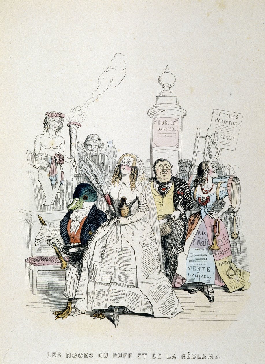 The Wedding of the Puff and the Advertising (tecknad serie om överflöd av pressreklam) - av Grandville av Grandville