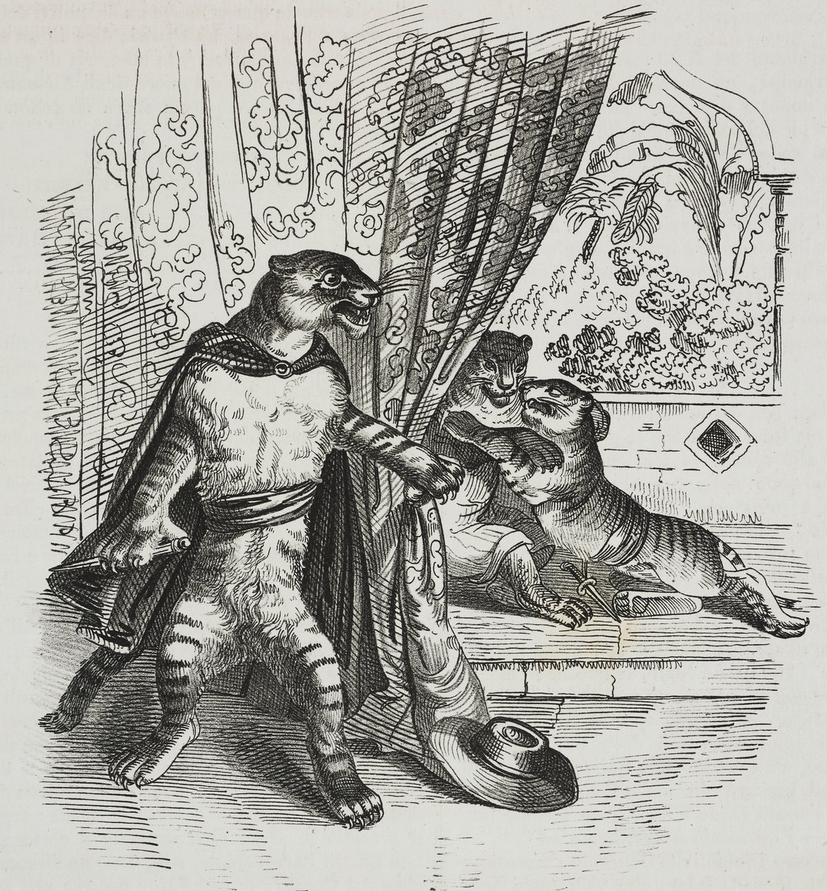 Tiger avancerar med dolk, karikatyr av Jean-Jacques Grandville (1803-1847), litografi av Gaetano Riccio från Poliorama Pittoresco, nr 39, 7 maj av Grandville