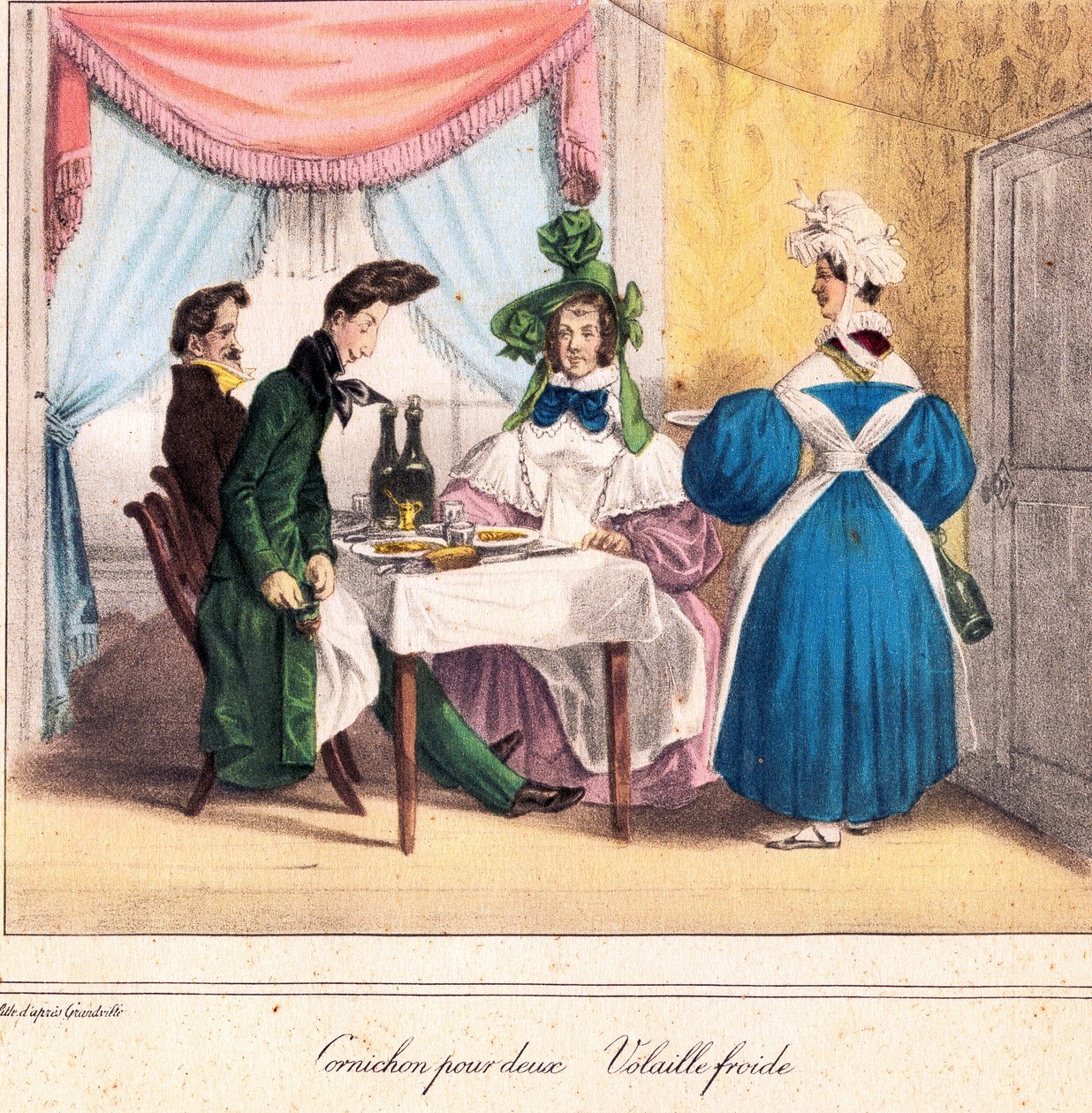 Krögarens levnadskort: Pickle för två, kall kyckling 1831-32 (litografi) av Grandville